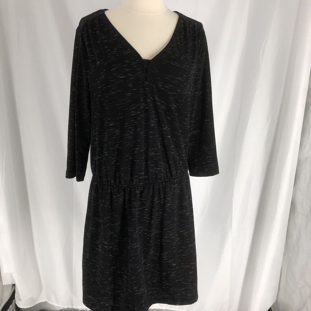 Banana Republic Black Heathered Knit Midi Dress V Neck 3/4 Sleeve